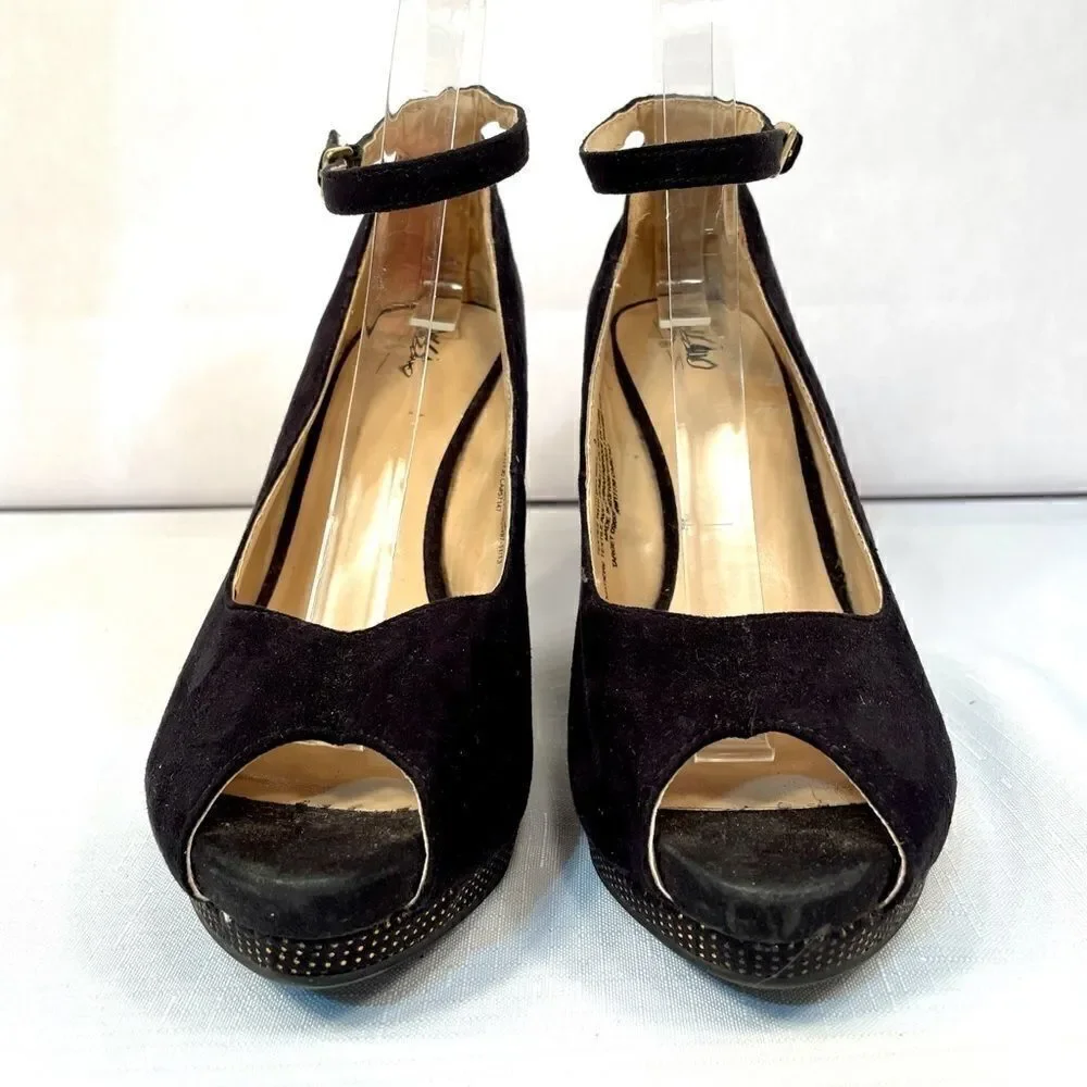 BLACK SUEDE WEDGE W GOLD STUDS ANKLE STRAP 4” HEEL